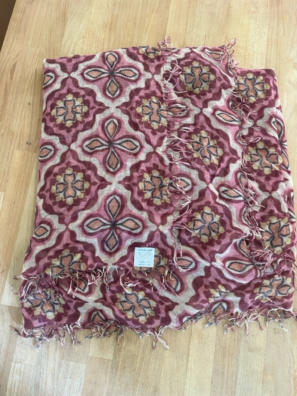 Chan Luu cashmere and silk scarf in signature crux pattern, pomegranate (NWT)